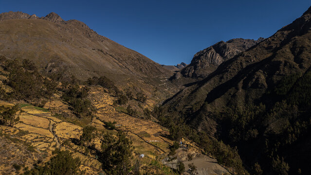 Andean landscape and agricultural terraces in the Nor Yauyos-Cochas Landscape Reserve, Peru