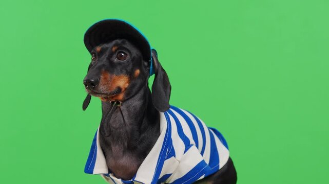 A black and tan dachshund dog wearing a blue and white striped top with a small chain and a dark cap tilts its head attentively, ready for nautical themed marketing with room for graphics.