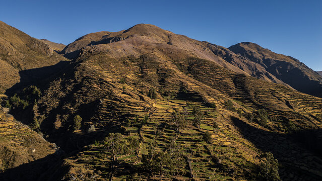 Andean landscape and agricultural terraces in the Nor Yauyos-Cochas Landscape Reserve, Peru