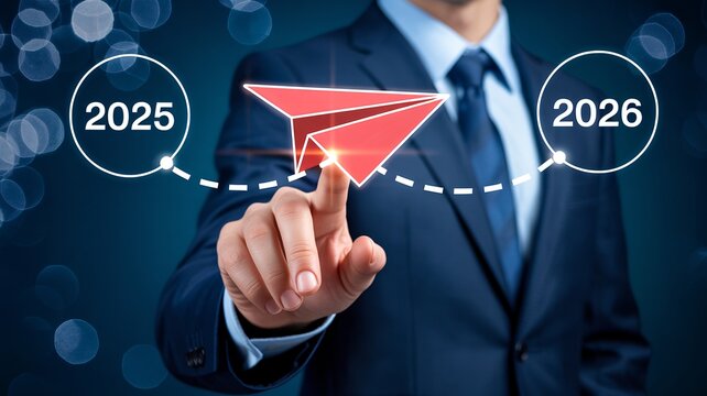 Businessman guiding a red paper airplane towards the year 2026, symbolizing strategic future planning, ambition, and successful business progression in a dynamic corporate environment