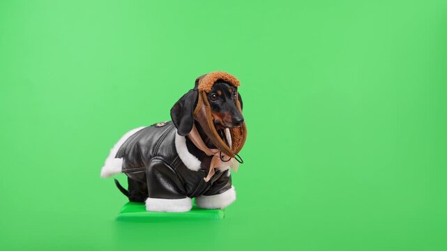 A black and tan dachshund dog wearing a leather flight jacket with fur trim and a brown aviator helmet with goggles walks forward and turns its head, a concept of air travel dreams.