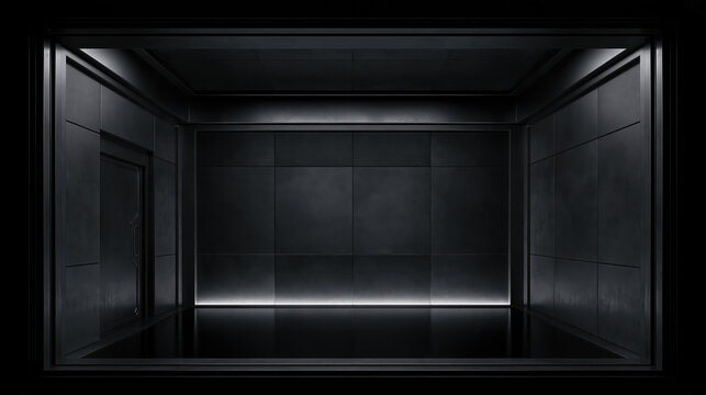 Empty interrogation room dark interior overhead view modern cell black wall black floor minimalist room empty room stark lighting closed room corridor prison room police room detention room