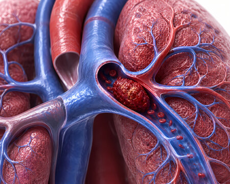 3D medical rendering of pulmonary embolism blood clot blocking pulmonary artery branch inside human lung