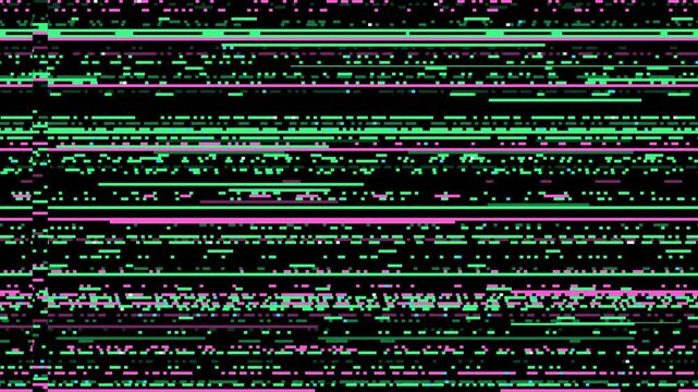 Digital glitch data corruption, green and pink pixel noise with horizontal scan lines flickering on black background