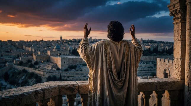 Man in ancient robe stands on stone balcony overlooking Jerusalem at sunset. He raises arms in sorrowful prayer with city skyline behind. Torn garments suggest distress or loss.