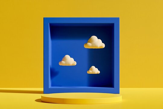 Minimalist 3d product podium with blue shadow box display and fluffy clouds on yellow background