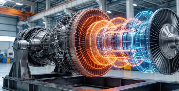 Industrial turbine engine visualized with glowing digital wireframe overlay. Shows internal components and heat map for diagnostics and structural analysis in a factory setting.