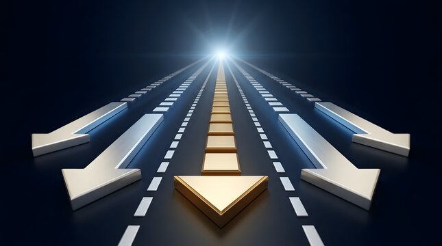 Golden leadership arrow moving forward ahead of silver arrows on a straight track towards a glowing light, representing business vision and strategic success.