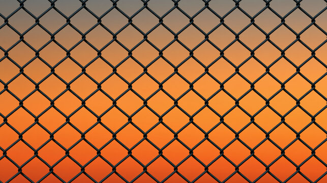 Chain link fence orange sky sunset light dark metal diamond pattern texture background fence pattern geometric grid safety barrier enclosure boundary industrial material outdoor scene abstract