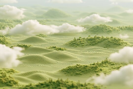 Aerial view of miniature green rolling hills and forests covered with soft fluffy clouds