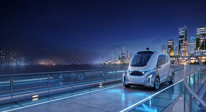 Autonomous Electric Shuttle Driving on Smart City Bay Bridge at Night Representing Future Mobility and Smart Infrastructure