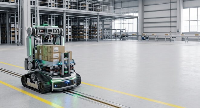 Autonomous mobile robot carrying cardboard boxes on tracks inside modern automated warehouse facility