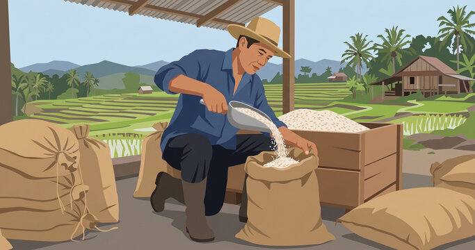 Flat Vector Rice Farmer Packaging Processed Rice