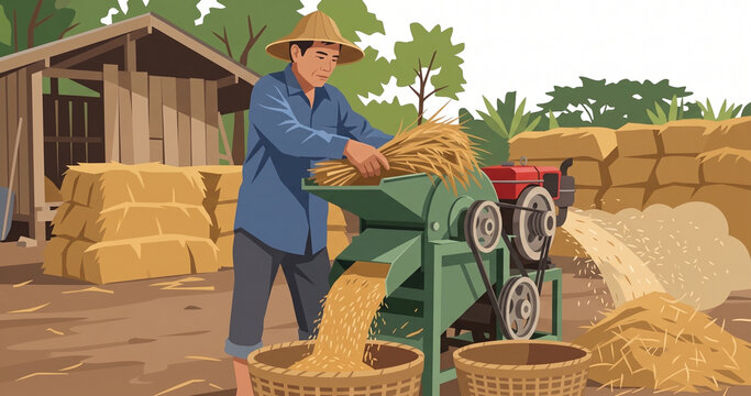 Flat Vector Farmer Separating Rice Grain and Husk