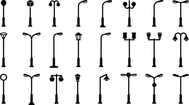 Set of street light icons, various modern and classic lamp post designs for urban lighting and city infrastructure
