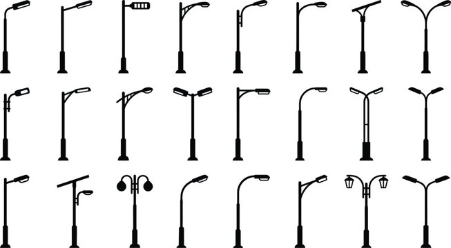 Set of street light icons, modern and classic lamp post designs for urban lighting