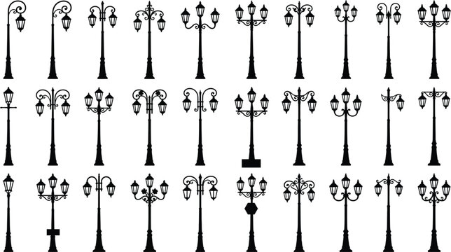 Set of vintage street lamps and lanterns silhouettes