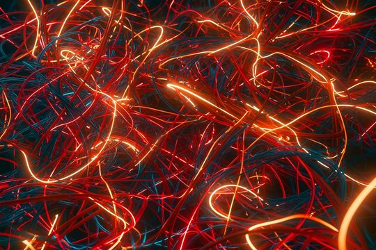 Abstract chaotic glowing red and blue fiber optic cables tangled in dynamic futuristic background