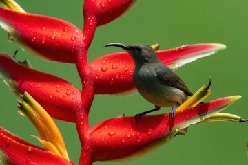 Fototapeta premium Small bird rests on vibrant red heliconia flower with water drops. Tropical flora and fauna, detailed close up of avian life in its natural habitat.