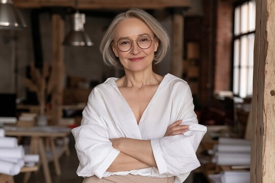 Confident senior woman with glasses standing with arms crossed in an architect studio background