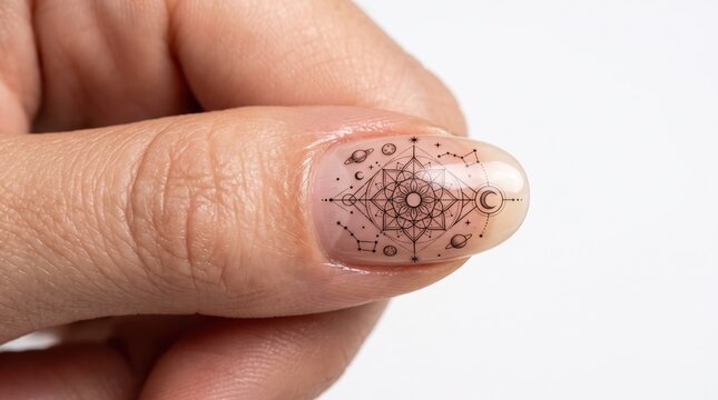 Cosmic Nail Tattoo on Manicured Thumb, Fine Line Geometric Dotwork Nail Art, Minimalist Black Ink Beauty Macro Photography