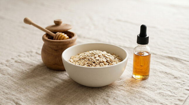 Natural skincare setup with an oatmeal bowl essential oil dropper and honey perfect for organic beauty spa treatments and wellness blogs