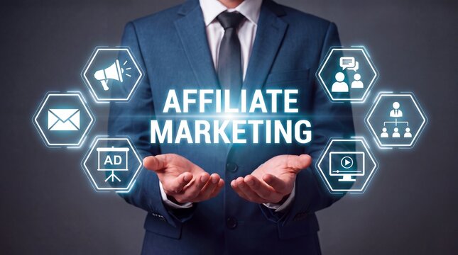 Entrepreneur showing affiliate marketing typography surrounded by digital advertising hexagon icons.