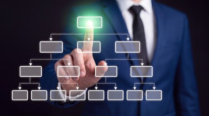 Obraz premium Executive hand activating bright digital node within organizational hierarchy chart for team scaling.