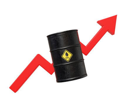 Crude oil barrel with red upward icon on transparent background. Gas price, energy, fossil fuel and industry concept. 3d render