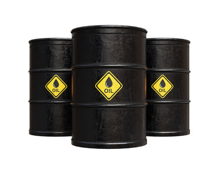Three crude oil barrels icon on transparent background. Gas price, energy, fossil fuel and industry concept. 3d render