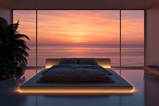Minimalist bedroom interior featuring a platform bed with warm led underlighting, facing a breathtaking sunset view over the calm ocean waters