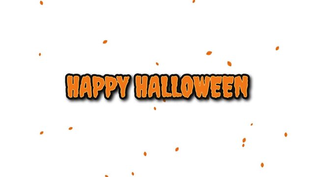 Happy Halloween text animation with falling autumn leaves on a clean white background. Seasonal festive motion graphic with floating orange lettering.