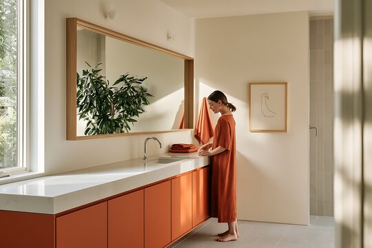 Woman standing in a modern terracottathemed bathroom interior