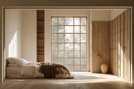 Minimalist bedroom interior with a low bed, wooden wall panels, and a large window with natural light