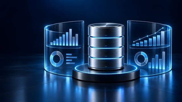Abstract digital database server with glowing blue analytics charts and graphs on a dark futuristic background data storage concept