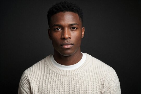 Young black man in cream sweater and white t-shirt. Serious male looks directly at camera against dark background. Minimalist studio portrait conveys confidence and style. Casual, modern, timeless.