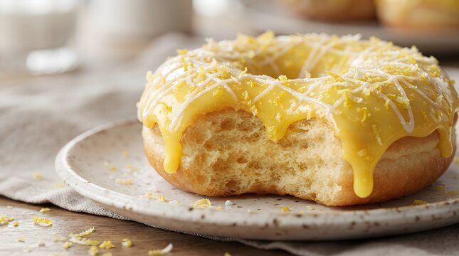 A delectable lemon glazed donut with a perfect bite taken out, revealing its fluffy texture and rich, sweet citrus flavor, ideal for a delightful treat or breakfast indulgence