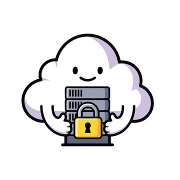 Cute Cloud Character Holding Secure Server.