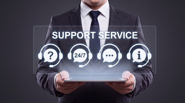 Businessman presenting digital support service interface with twenty four seven contact icons on tablet.