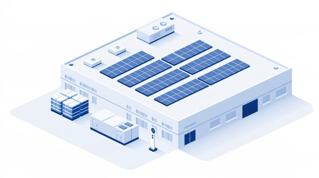 Solar panel factory commercial building roof isometric energy power electric industrial warehouse sustainable renewable clean blue white modern architecture exterior building utility photovoltaic