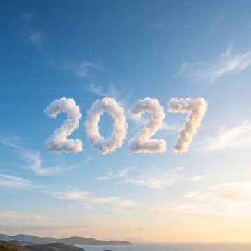 Vibrant Sky with 2027 Written in Fluffy Clouds for New Year Celebrations and Future Vision Concepts