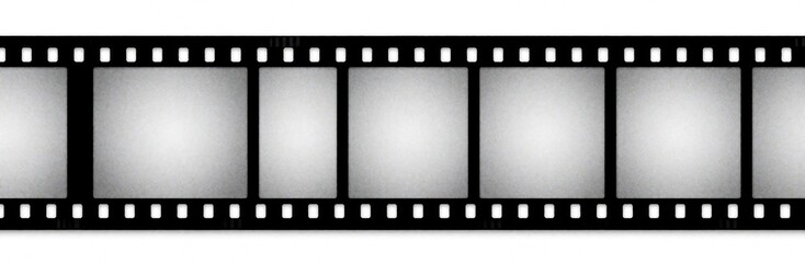 Fototapeta premium Filmstrip with seven empty square frames on white background. Black border with perforations implies vintage camera reel. Use for media projects or photo collections.