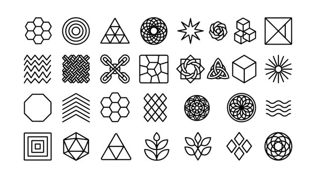 Collection of geometric and nature inspired line art icons isolated on transparent background