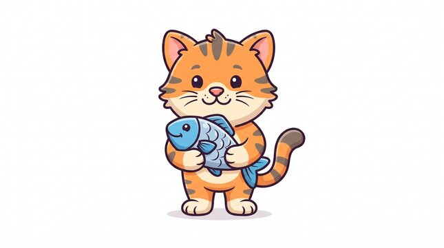 cute cartoon orange tabby kitten standing hugging blue fish toy smiling happy playful adorable pet striped tail cream belly isolated on white