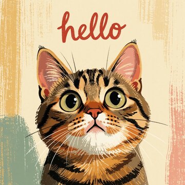 Cute tabby cat peeks out, saying hello with a friendly greeting. Whimsical illustration suitable for cards, invitations, or children books. This playful drawing invites joy and warmth.