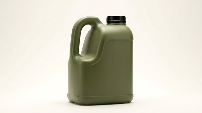 Olive green plastic container jug with black cap for chemical liquid storage and industrial use at home. heavy-duty jug designs