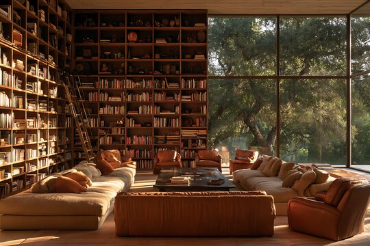 Modern luxury living room with floortoceiling library wall, large windows, and comfortable seating overlooking a lush forest landscape at sunset