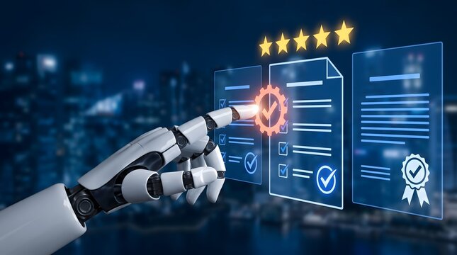 Robot hand interacting with digital interface showing checklist rating stars and certification badge symbolizing automated quality control and digital verification in a modern