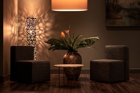 Elegant interior lounge area with two dark armchairs, a decorative floor lamp casting intricate shadows, and a large plant in a ceramic vase