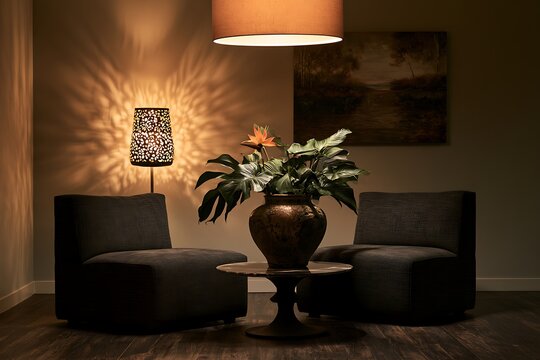 Sophisticated interior seating area featuring two dark chairs, a patterned lamp, a central plant in a vase, and a warm overhead pendant light